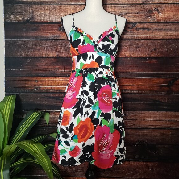 Snap Sleeveless Sundress Size 7 Lined Padded Tie Back Multicolor Floral Dress - Picture 1 of 9